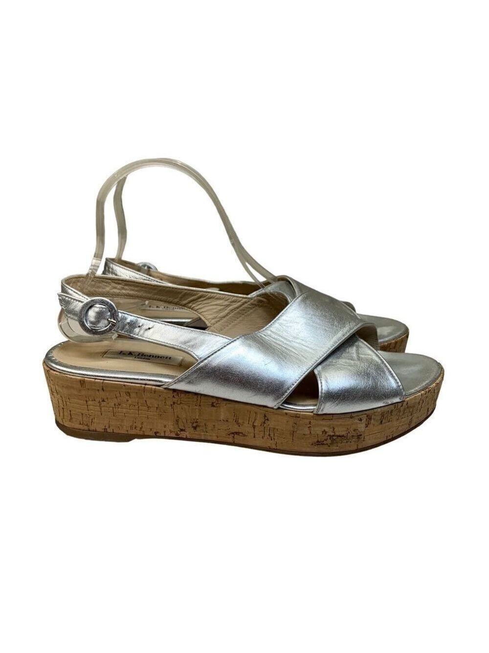 LK Bennett Silver Metallic Leather Platform Sandals 41 10 Criss Cross